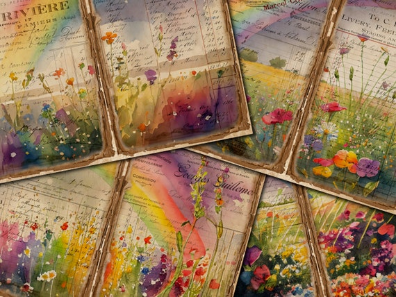 Field of Flowers Junk Journal Kit: Rainbow Vintage Pages (Digital Download) - FA348