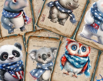 Animal 4th of July Junk Journal Pages, Vintage Patriotic Ephemera (Digital Download)