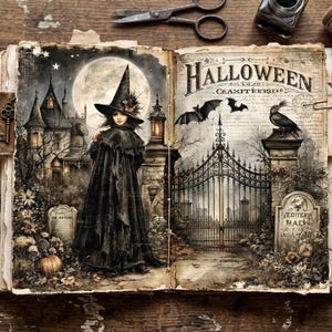 Peut inclure: Un livre ouvert présentant une illustration sur le thème d'Halloween avec une personne en cape noire et chapeau pointu devant un manoir gothique, une pleine lune, une grille en fer forgé, des chauves-souris, un corbeau et des pierres tombales.