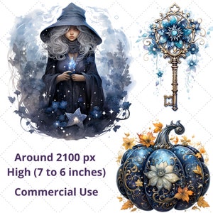 Pode incluir: Ilustra&ccedil;&atilde;o digital de uma bruxa com capa e chap&eacute;u azul escuro, segurando um objeto azul brilhante. Uma chave decorativa com detalhes florais azuis e uma ab&oacute;bora azul com filigrana dourada tamb&eacute;m s&atilde;o mostradas. A imagem tem aproximadamente 15 a 18 cm de altura.
