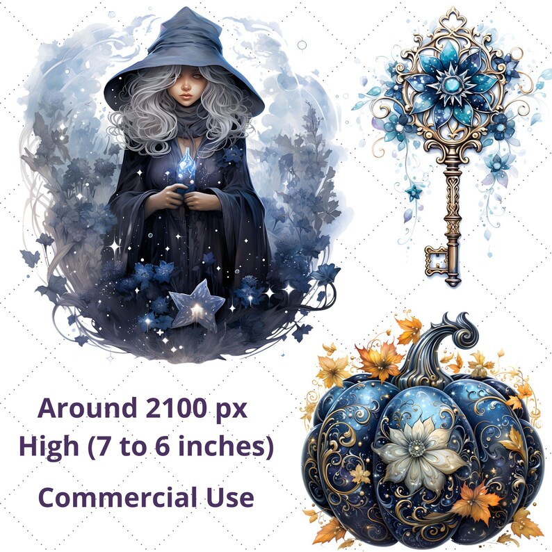 Pode incluir: Ilustra&ccedil;&atilde;o digital de uma bruxa com capa e chap&eacute;u azul escuro, segurando um objeto azul brilhante. Uma chave decorativa com detalhes florais azuis e uma ab&oacute;bora azul com filigrana dourada tamb&eacute;m s&atilde;o mostradas. A imagem tem aproximadamente 15 a 18 cm de altura.