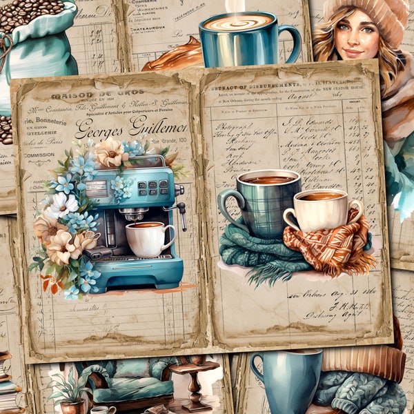 Pages confortables de journal indésirable pour le café, kit de papier de scrapbooking numérique, impression turquoise, feuille de collage café, éphémères d'automne vintage, téléchargement