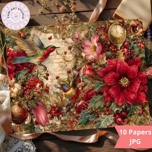 Puede incluir: Papel decorativo con un diseño vintage con colibríes, poinsettias rojas y bayas. El papel tiene un marco dorado ornamentado y un reloj. El texto "10 Papers JPG" es visible.