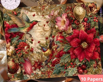Pode incluir: Papel decorativo com um design vintage com beija-flores, poinsétias vermelhas e bagas. O papel tem uma moldura dourada ornamentada e um relógio. O texto "10 Papers JPG" é visível.
