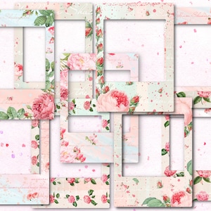 Peut inclure: Neuf cadres photo blancs avec un motif floral composé de roses roses et de feuilles vertes. Les cadres sont disposés en quinconce sur un fond blanc avec des éclaboussures d'aquarelle rose et bleue.