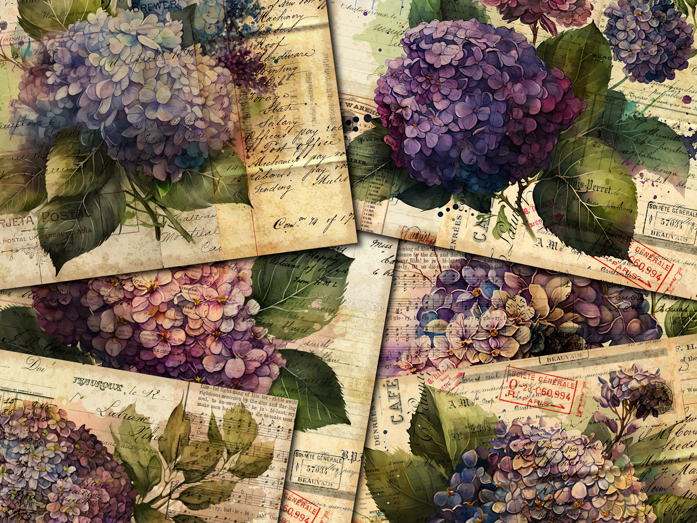 Vintage Hydrangea Junk Journal Pages: Printable Collage Kit (digital ...