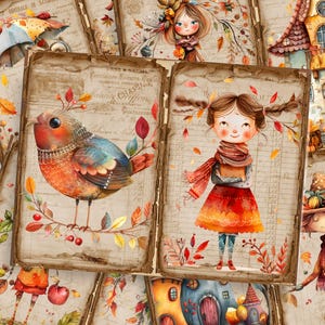 May include: A collection of vintage-style cards featuring illustrations of a bird, a girl with pigtails, and a small house. The cards have a rustic, autumnal theme with fall leaves and handwritten text.