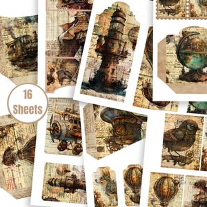 Steampunk Junk Journal-uitbreidingsset – 16 afdrukbare vellen met tags, kaarten, zakken en enveloppen - FA190