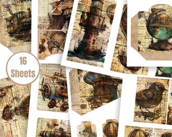 Steampunk Junk Journal-uitbreidingsset – 16 afdrukbare vellen met tags, kaarten, zakken en enveloppen - FA190