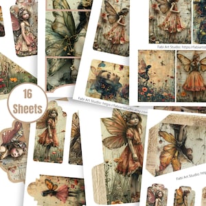 以下が含まれることがあります： ヴィンテージスタイルの妖精のイラストが描かれた16枚のシートのコレクション。詳細な翼とドレスを着た妖精が、花や自然の背景を背景に描かれています。「16 Sheets」の文字が見えます。