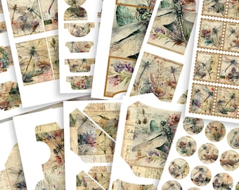 DIGITAL Dragonfly Junk Journal Kit – Ephemera, Cards, Labels & Tags - Set 3 - FA116