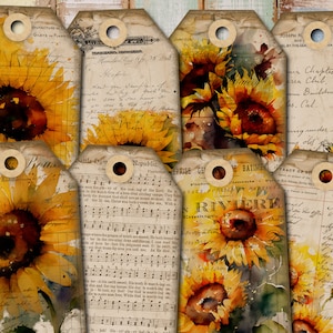 DIGITAL Sunflower Junk Journal Tags – Vintage Flower Ephemera - FA160