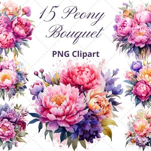 Watercolor Peony Bouquet Clipart: Floral PNG Bundle (Digital Download)