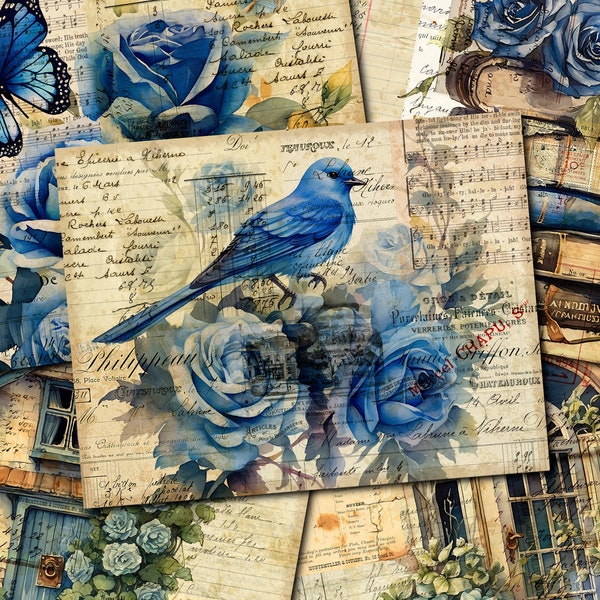 Junk Journal Printable, Blue Roses , Vintage Journal Papers, Rose Junk Journal , Vintage Junk Journal Digi Kit, Printable Journal