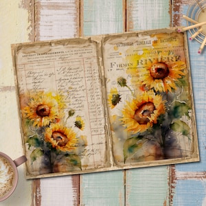 May include: An open vintage journal with watercolor illustrations of sunflowers on the right page. The left page has handwritten text in French and English. The journal is on a light blue and yellow wood background.