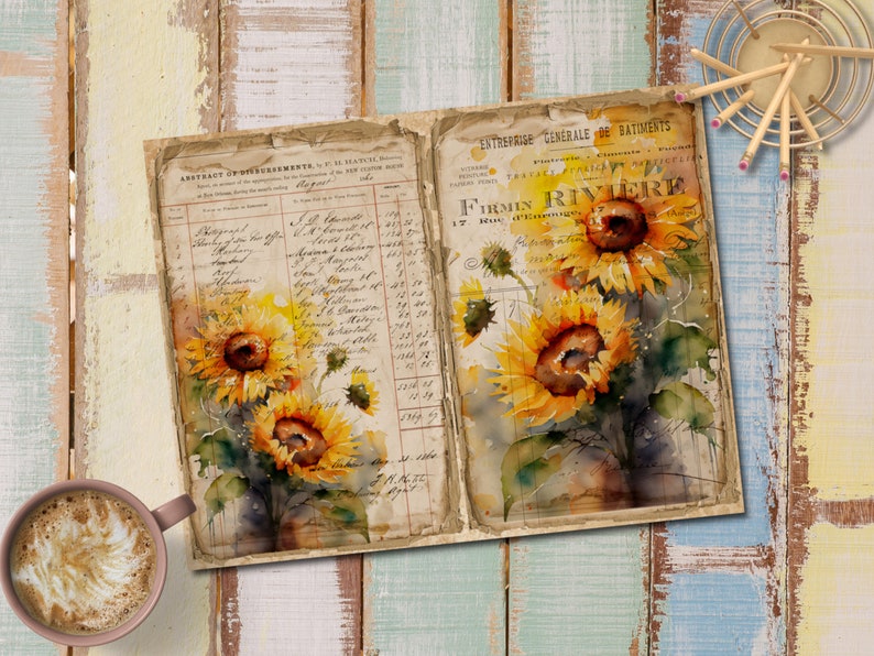 May include: An open vintage journal with watercolor illustrations of sunflowers on the right page. The left page has handwritten text in French and English. The journal is on a light blue and yellow wood background.