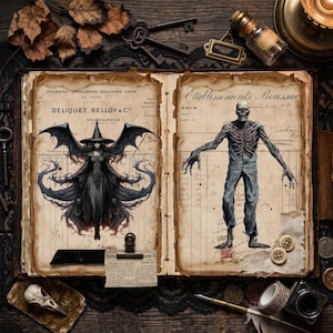 May include: An open vintage ledger with aged paper pages featuring printed French text and ledger lines. The left page displays a winged witch illustration, while the right page shows a skeletal figure. The book is surrounded by keys, buttons, and ink.