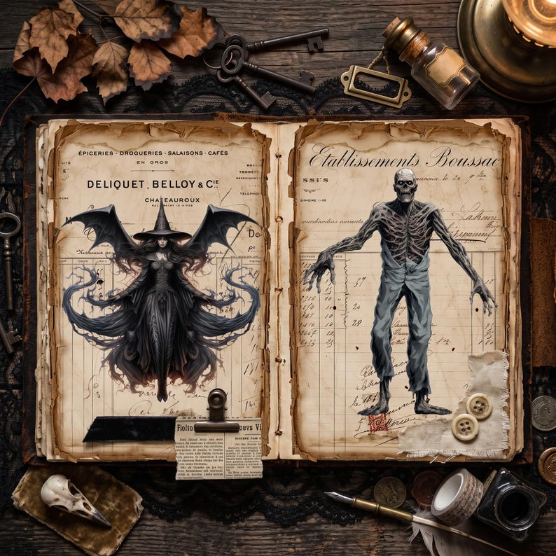 May include: An open vintage ledger with aged paper pages featuring printed French text and ledger lines. The left page displays a winged witch illustration, while the right page shows a skeletal figure. The book is surrounded by keys, buttons, and ink.