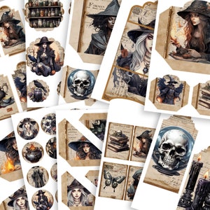 Kit de itens efêmeros de diário de bruxas de Halloween - imprimíveis digitais assustadores, mágicos, góticos e místicos - etiquetas, cartões, envelopes, bolsos - conjunto 1