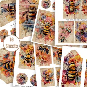 Kit complementario para diario vintage de abejas II: 16 hojas imprimibles con sobres, bolsillos, etiquetas y tarjetas - FA224