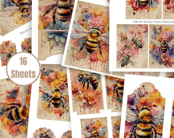 Vintage Bee Junk Journal Kit: Printable Envelopes, Tags, Cards (Digital Download) - FA224