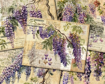 Papeles de diario basura de glicina, efímeras de flores vintage (descarga digital)