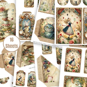 May include: A set of 16 sheets of Alice in Wonderland ephemera. The designs feature illustrations of the Cheshire Cat, the White Rabbit, Alice, teacups, and playing cards. The colour palette includes soft pastels and vintage textures.