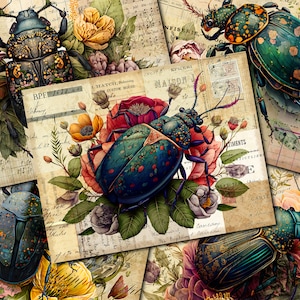 May include: A collage of vintage paper ephemera featuring colorful beetles with iridescent wings and floral designs. The beetles are surrounded by flowers, leaves, and handwritten text in French.