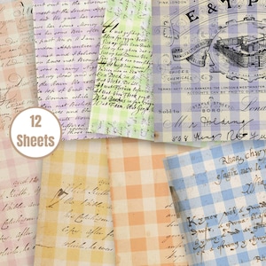 May include: A collection of 12 sheets of vintage-style paper with handwritten script and gingham patterns in pastel colors. The papers feature faded text and a variety of designs, suitable for scrapbooking or crafts.