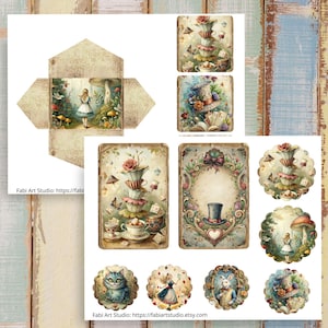 May include: A collection of Alice in Wonderland-themed paper ephemera. Includes an envelope, cards, and circular cutouts with illustrations of Alice, the Mad Hatter, teacups, and mushrooms. The color palette is soft with vintage tones.