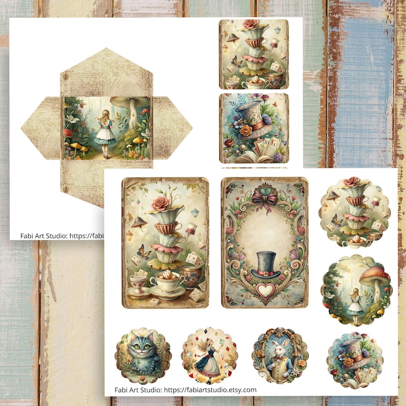 May include: A collection of Alice in Wonderland-themed paper ephemera. Includes an envelope, cards, and circular cutouts with illustrations of Alice, the Mad Hatter, teacups, and mushrooms. The color palette is soft with vintage tones.