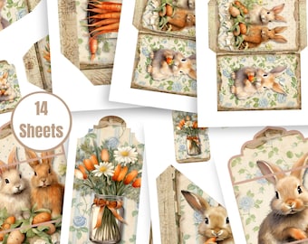 Easter Junk Journal Ephemera: Vintage Bunny Tags, Cards (Digital Download) - FA280