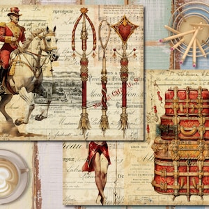 K&ouml;nnte beinhalten: Eine Vintage-Collage mit einem Mann zu Pferd, verzierten St&auml;ben und einem Stapel antiker Koffer mit aufwendigen Details. Der Hintergrund enth&auml;lt handschriftlichen Text und Musiknoten.