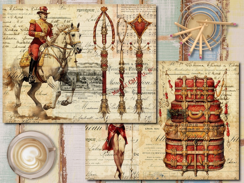K&ouml;nnte beinhalten: Eine Vintage-Collage mit einem Mann zu Pferd, verzierten St&auml;ben und einem Stapel antiker Koffer mit aufwendigen Details. Der Hintergrund enth&auml;lt handschriftlichen Text und Musiknoten.