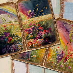 May include: Four vintage paper pages with watercolor paintings of colorful wildflowers and a rainbow. The pages have faded text and a distressed look.