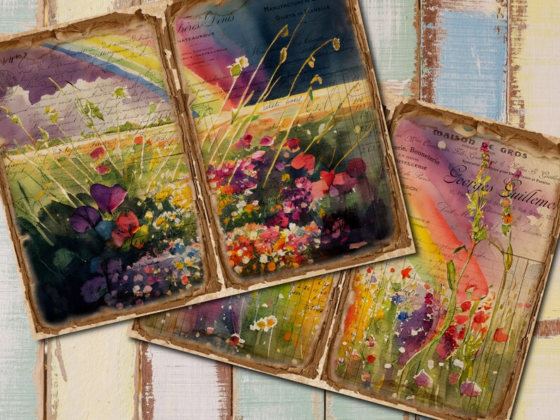 May include: Four vintage paper pages with watercolor paintings of colorful wildflowers and a rainbow. The pages have faded text and a distressed look.