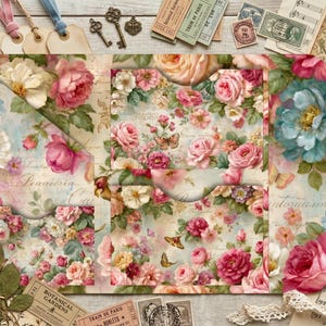 May include: A tri-fold paper folder featuring a vibrant floral pattern with pink, white, and blue roses, green leaves, and small butterflies. The design includes script text overlays and multiple interior pockets for organising documents or stationery items.