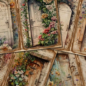 May include: A collage of vintage-style images featuring floral designs and old doors. The images are printed on textured paper with a distressed look. The colors are muted and earthy, with shades of brown, green, and white.