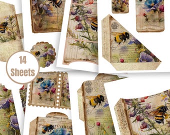Vintage Bee Junk Journal Kit: Floral Ephemera, Printable Pockets & Tags (Digital Download) - FA167
