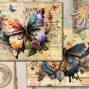 K&ouml;nnte beinhalten: Drei digitale Papiere im Vintage-Stil mit Schmetterlingen, Blumen und altem Text. Die Schmetterlinge sind in Aquarelltechnik mit leuchtenden Farben gemalt. Der Text ist in einem verblassten, antiken Stil gehalten.
