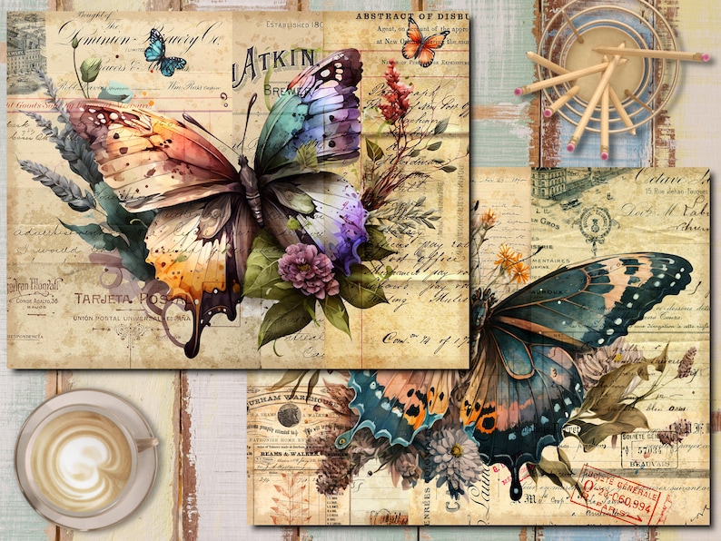 K&ouml;nnte beinhalten: Drei digitale Papiere im Vintage-Stil mit Schmetterlingen, Blumen und altem Text. Die Schmetterlinge sind in Aquarelltechnik mit leuchtenden Farben gemalt. Der Text ist in einem verblassten, antiken Stil gehalten.