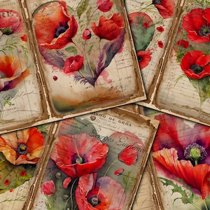 DIGITAL Oriental Poppy Flower Junk Journal – Páginas Vintage para Imprimir - FA135