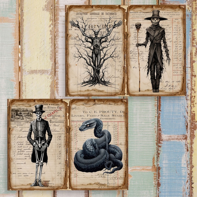May include: A set of four digital collage sheets featuring vintage ledger paper backgrounds with illustrations of a skeletal tree figure, a top-hatted scarecrow, a skeleton in a tuxedo, and a coiled black snake with detailed scales and red eyes.