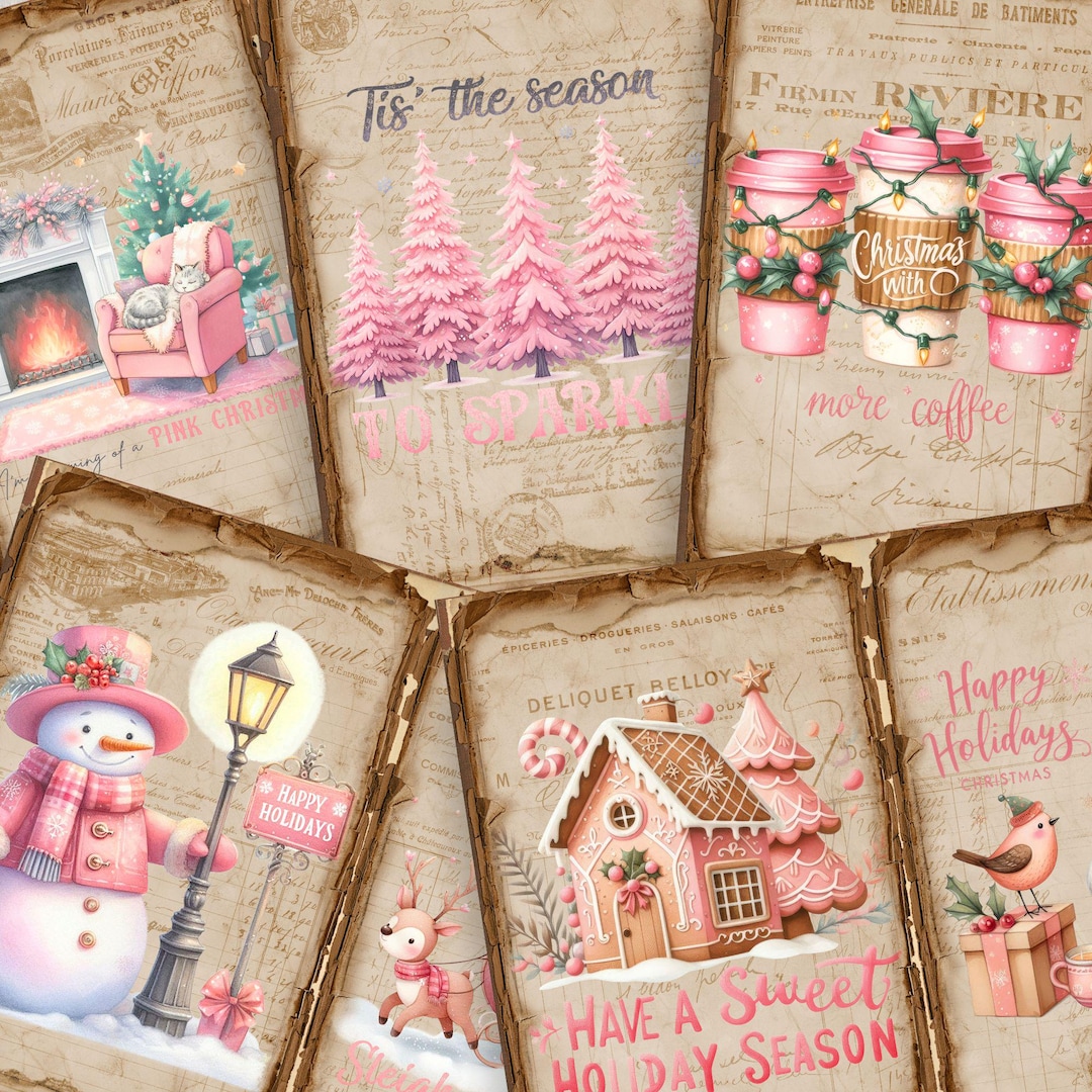 Vintage Pink Christmas Digital Paper | 5 JPG Junk Journal Pages ...