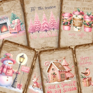 Vintage Pink Christmas Digital Paper | 5 JPG Junk Journal Pages | Double-Sided Scrapbooking | Holiday Crafting Supplies
