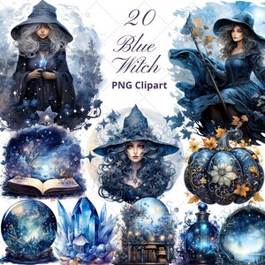 Pode incluir: Uma cole&ccedil;&atilde;o de 20 imagens clipart PNG de bruxas azuis. As imagens apresentam ilustra&ccedil;&otilde;es de bruxas, bolas de cristal, uma ab&oacute;bora e outros elementos m&iacute;sticos em tons de azul. O texto "20 Blue Witch PNG Clipart" &eacute; exibido.