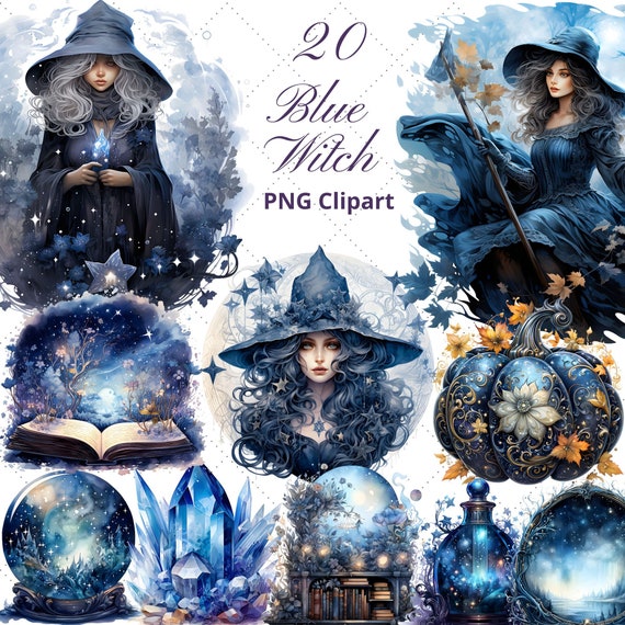 Blue Witch Clipart Bundle, Scrapbook Graphics (PNG)
