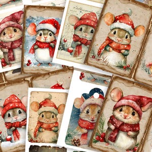 Puede incluir: Un conjunto de etiquetas de regalo de Navidad imprimibles con adorables ilustraciones de acuarela de ratones con gorros de Papá Noel y bufandas rojas. Las etiquetas tienen un aspecto vintage y rústico con un fondo desgastado.