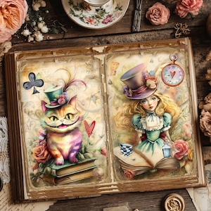 May include: An open book with illustrations from Alice in Wonderland. One page features a smiling, colorful cat wearing a top hat. The other page shows a girl in a blue dress and a purple hat. Roses and a pocket watch are also visible.