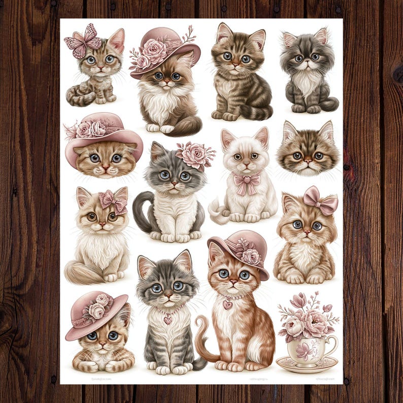 May include: A sheet of stickers featuring various cartoon kittens. The kittens are depicted in different poses and colors, some wearing hats and bows. The overall color scheme is soft and pastel, with pink and brown accents.